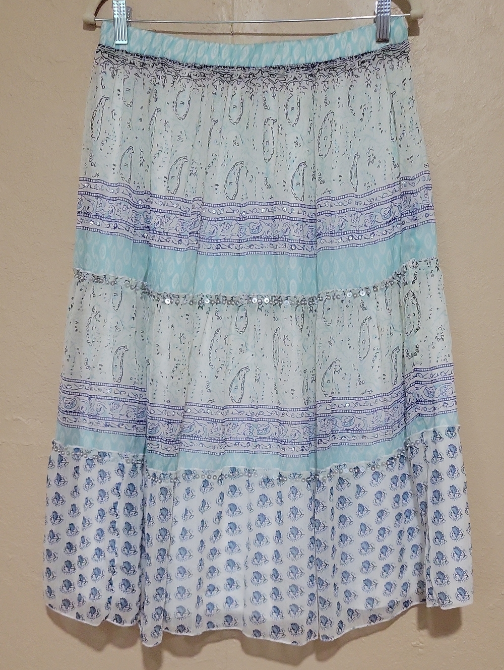 Madison Grey Light Blue Paisley Tiered Maxi Skirt